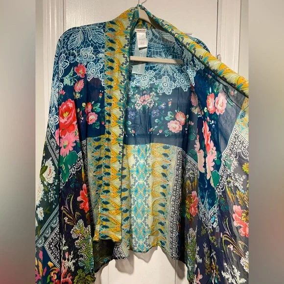 NWT Coldwater Creek OS Colorful Patchwork Flowy Open Front Kimono Top Kaftan - Picture 3 of 8